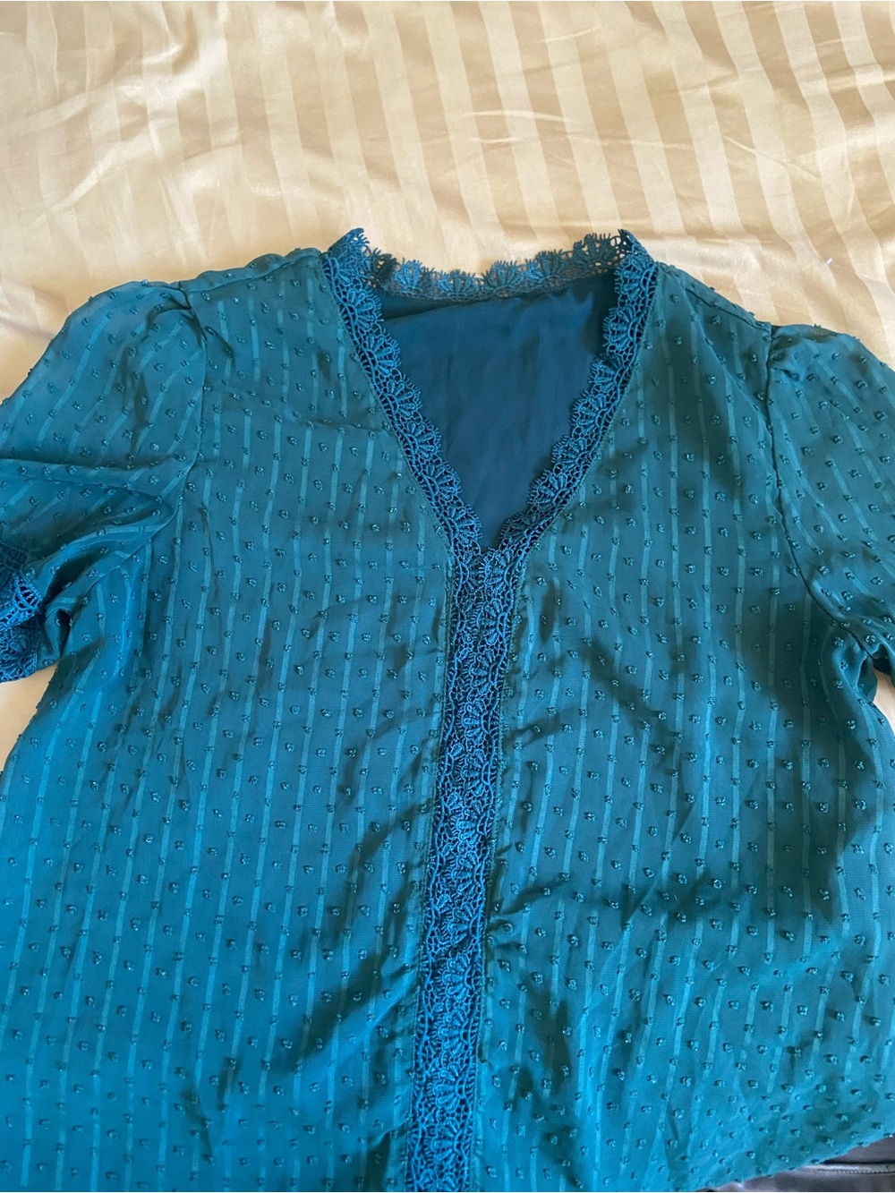 Teal Lace-Trim V-Neck Blouse for Women